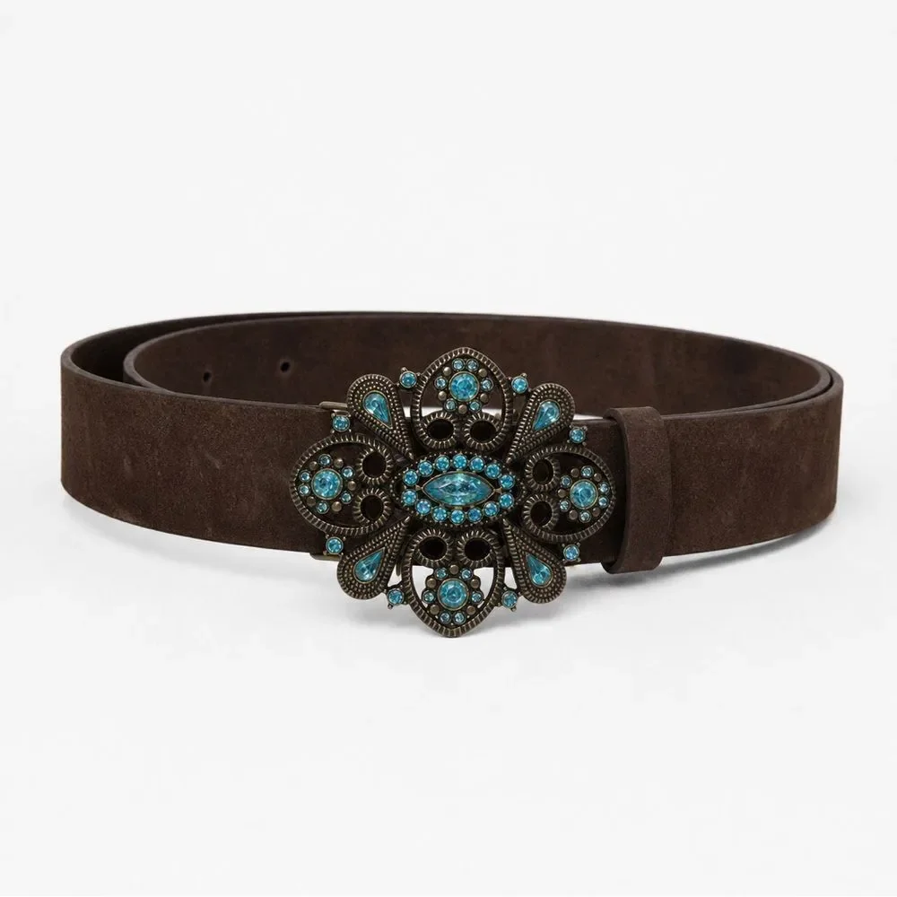 Lane Bryant Brown Genuine Leather Belt with Turquoise Floral Concho Buckle 18/20